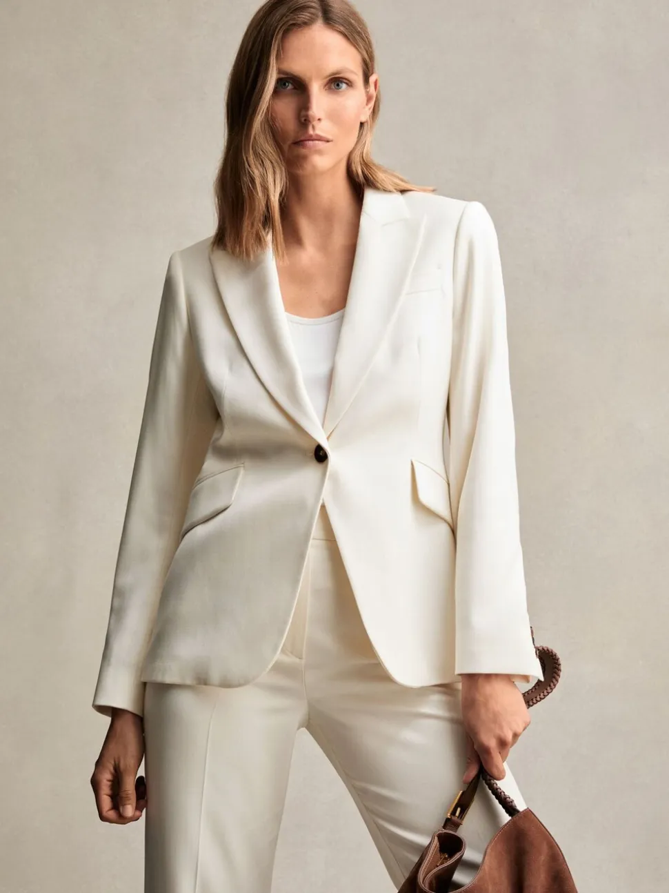 Reiss Cream Millie Petite Single-Breasted Peak-Lapel Tailored Blazer