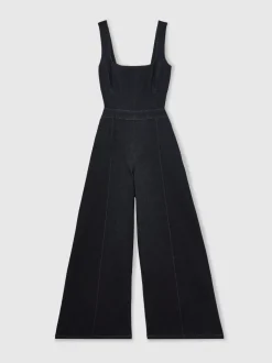 Reiss Dark Blue Dionna Wide-Leg Cut-Out Denim Jumpsuit