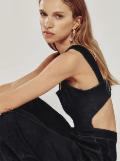 Reiss Dark Blue Dionna Wide-Leg Cut-Out Denim Jumpsuit