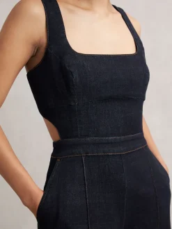 Reiss Dark Blue Dionna Wide-Leg Cut-Out Denim Jumpsuit