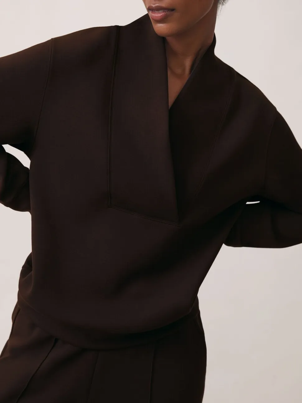 Reiss Dark Chocolate Annabel Interlock Shawl-Neck Sweatshirt with Modal