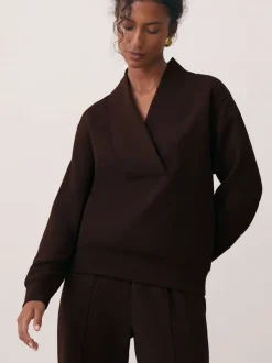Reiss Dark Chocolate Annabel Interlock Shawl-Neck Sweatshirt with Modal