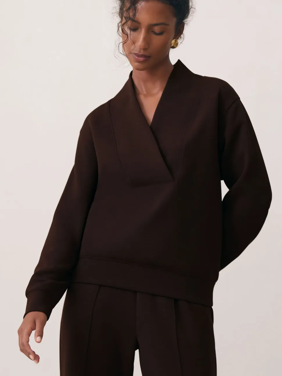 Reiss Dark Chocolate Annabel Interlock Shawl-Neck Sweatshirt with Modal