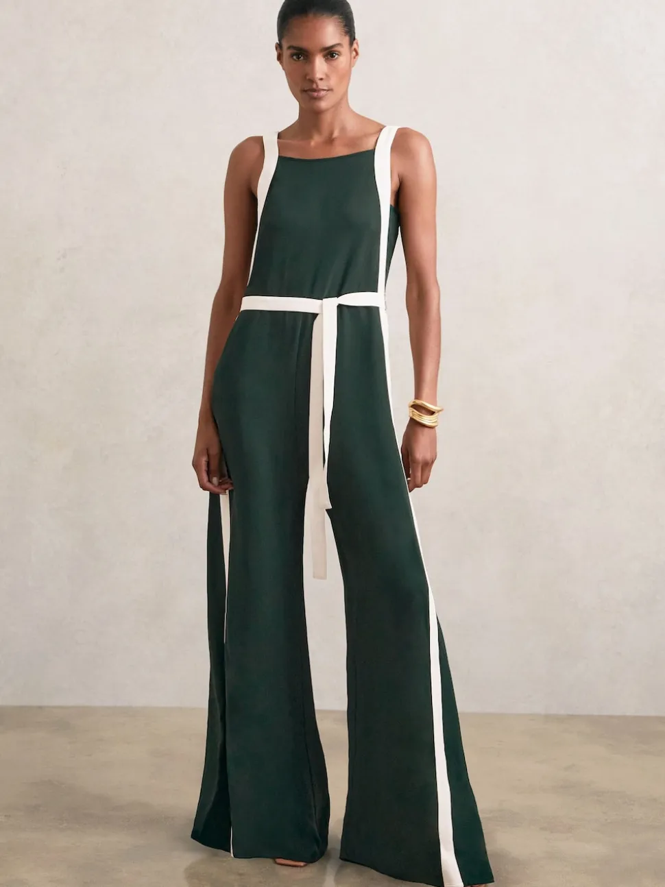 Reiss Dark Green/Cream Salma Colourblock Wide Leg Belted Jumpsuit