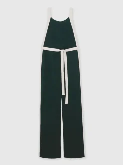Reiss Dark Green/Cream Salma Colourblock Wide Leg Belted Jumpsuit