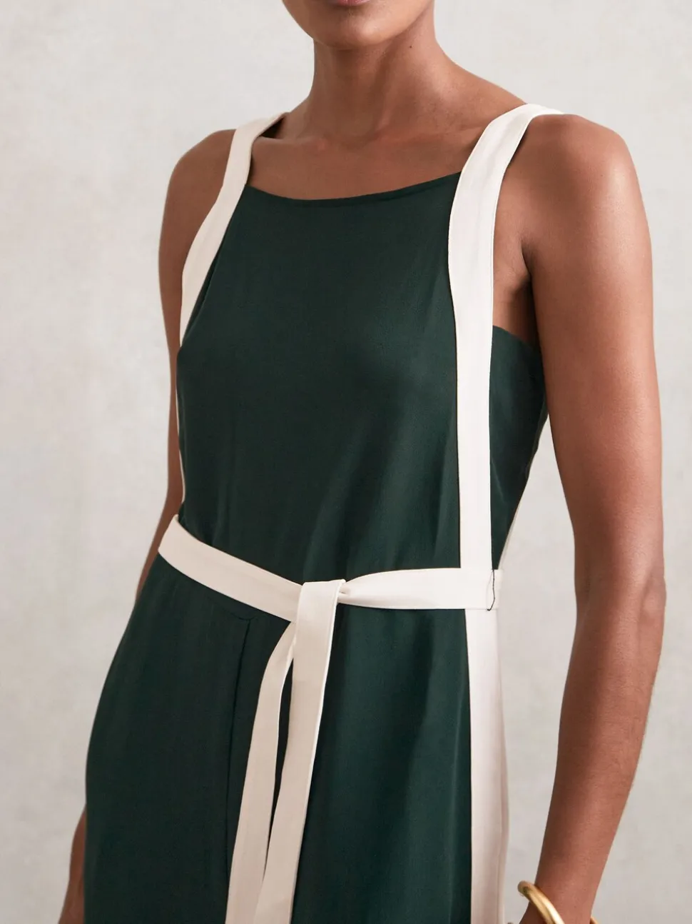 Reiss Dark Green/Cream Salma Colourblock Wide Leg Belted Jumpsuit