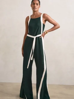 Reiss Dark Green/Cream Salma Colourblock Wide Leg Belted Jumpsuit