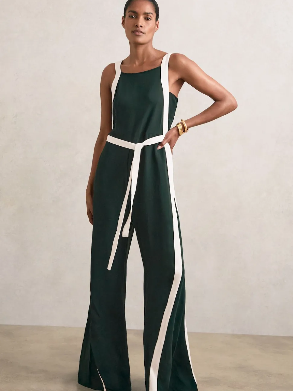 Reiss Dark Green/Cream Salma Colourblock Wide Leg Belted Jumpsuit