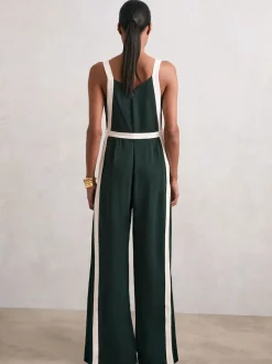 Reiss Dark Green/Cream Salma Colourblock Wide Leg Belted Jumpsuit