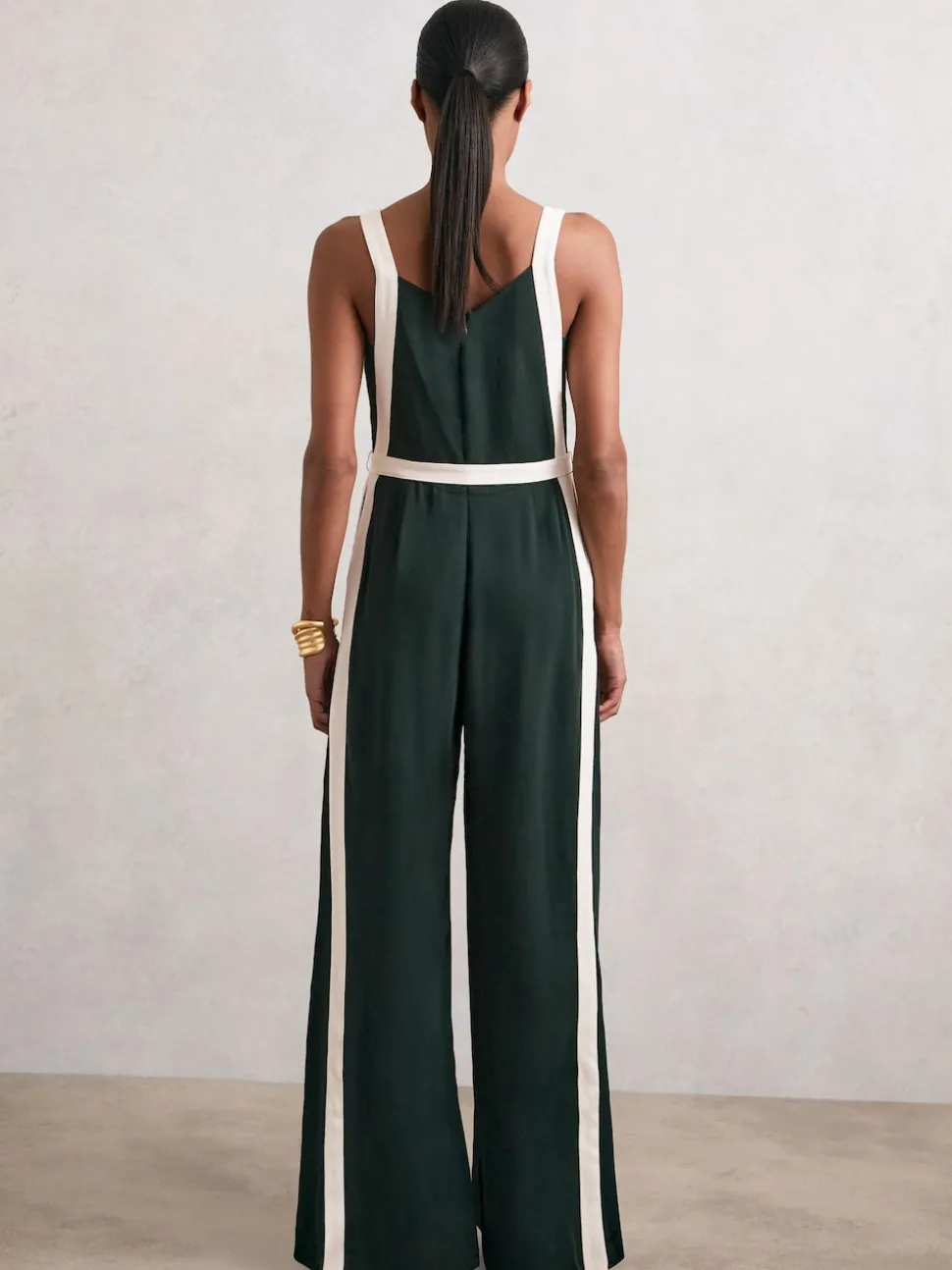 Reiss Dark Green/Cream Salma Colourblock Wide Leg Belted Jumpsuit
