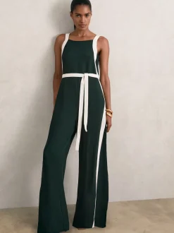 Reiss Dark Green/Cream Salma Petite Colourblock Wide Leg Belted Jumpsuit