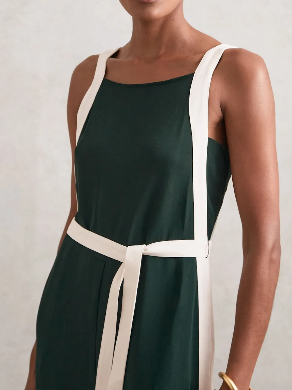 Reiss Dark Green/Cream Salma Petite Colourblock Wide Leg Belted Jumpsuit