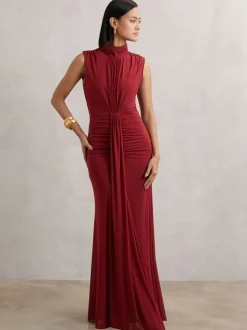 Reiss Dark Red Daniella Ruched Sleeveless Maxi Dress