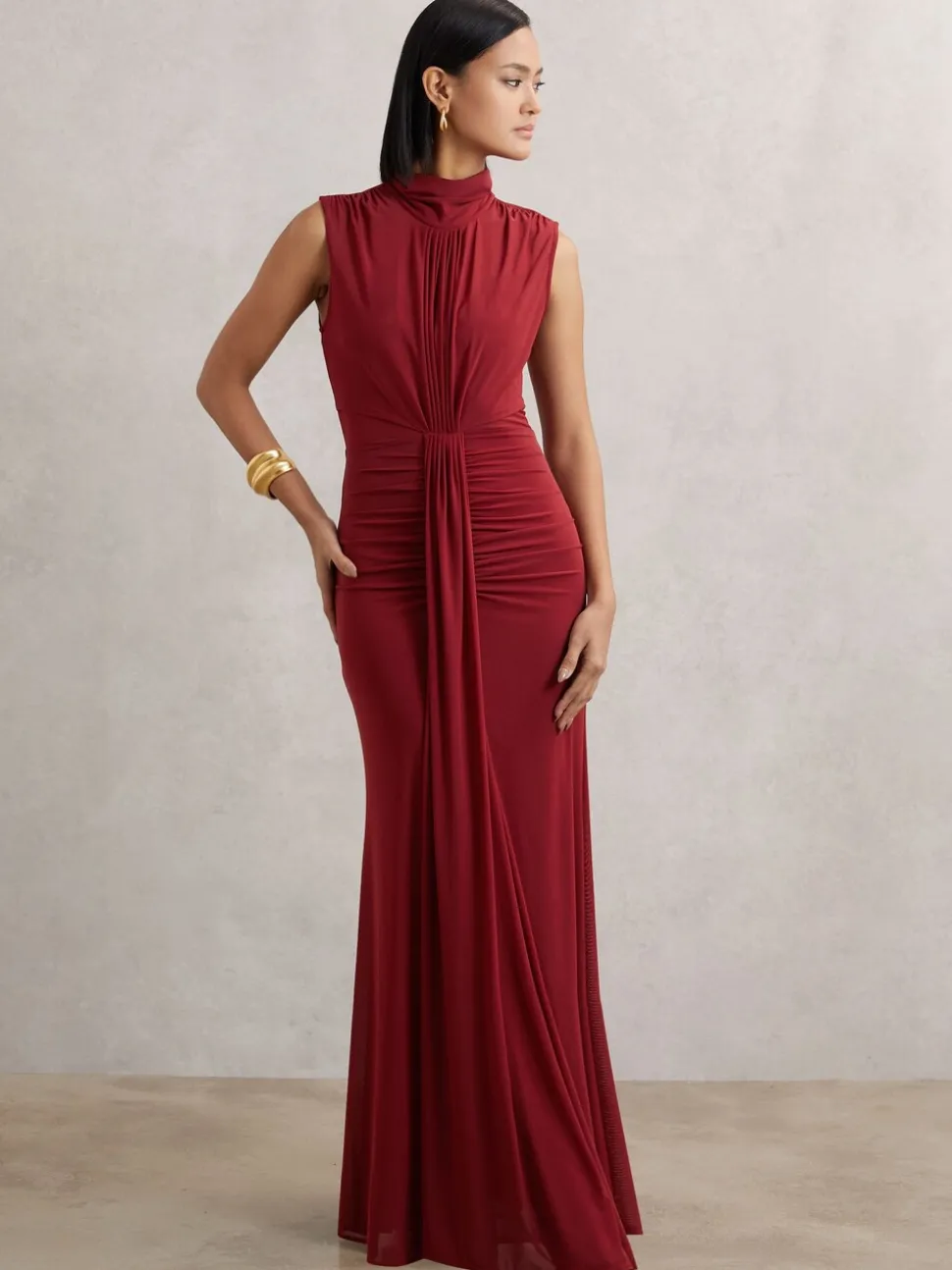 Reiss Dark Red Daniella Ruched Sleeveless Maxi Dress