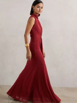 Reiss Dark Red Daniella Ruched Sleeveless Maxi Dress