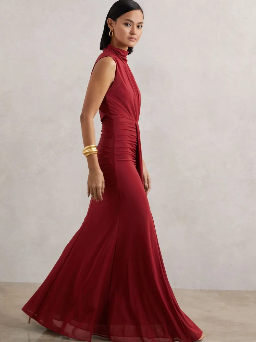 Reiss Dark Red Daniella Ruched Sleeveless Maxi Dress