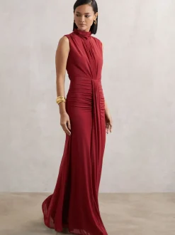 Reiss Dark Red Daniella Ruched Sleeveless Maxi Dress