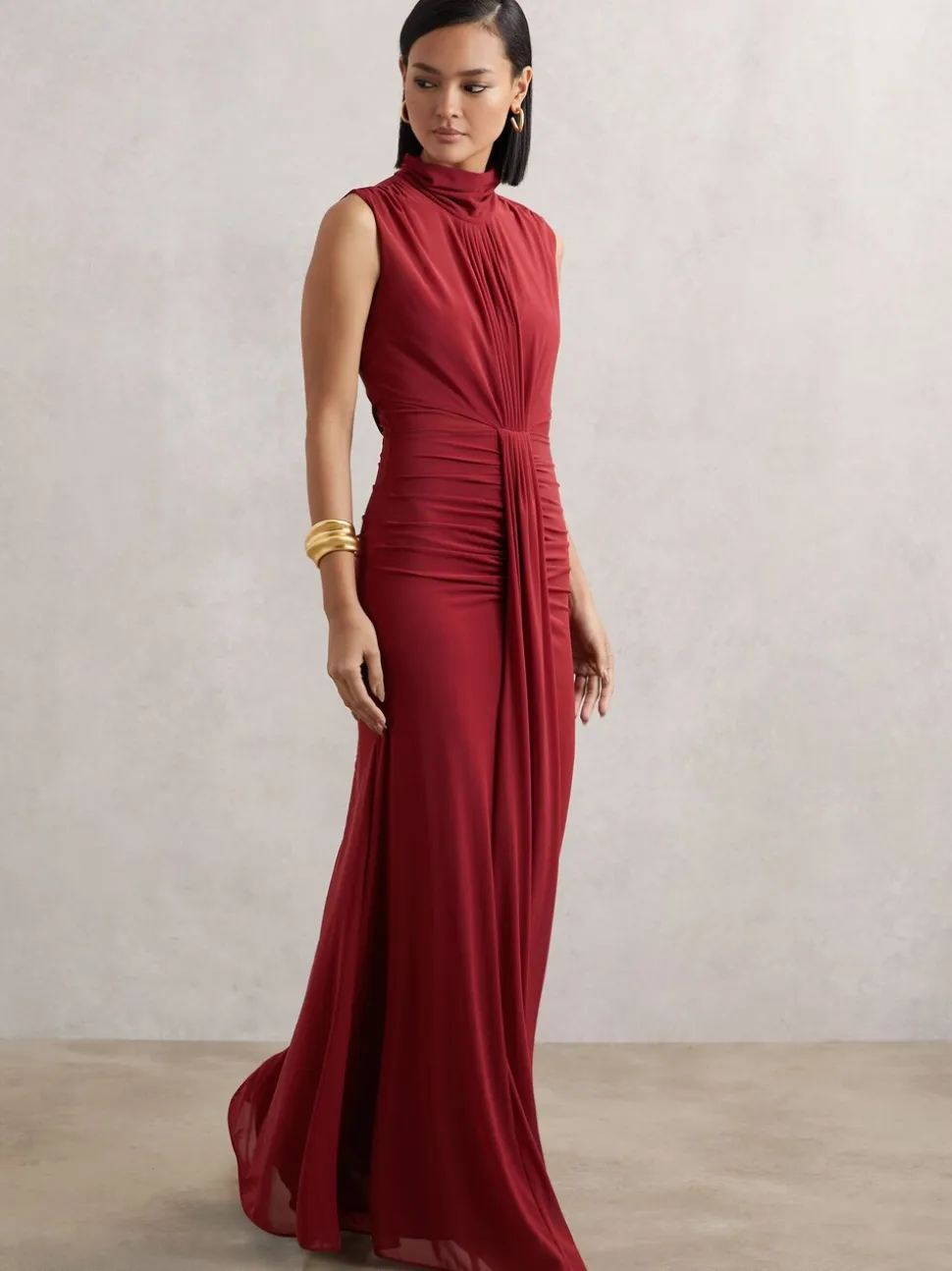 Reiss Dark Red Daniella Ruched Sleeveless Maxi Dress