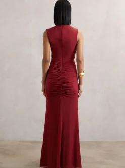 Reiss Dark Red Daniella Ruched Sleeveless Maxi Dress