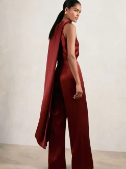 Reiss Dark Red Farah Petite Satin Cape-Sash Jumpsuit