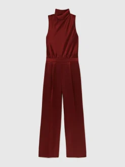 Reiss Dark Red Farah Petite Satin Cape-Sash Jumpsuit