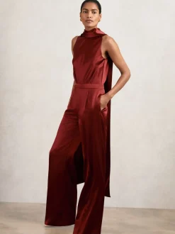 Reiss Dark Red Farah Petite Satin Cape-Sash Jumpsuit