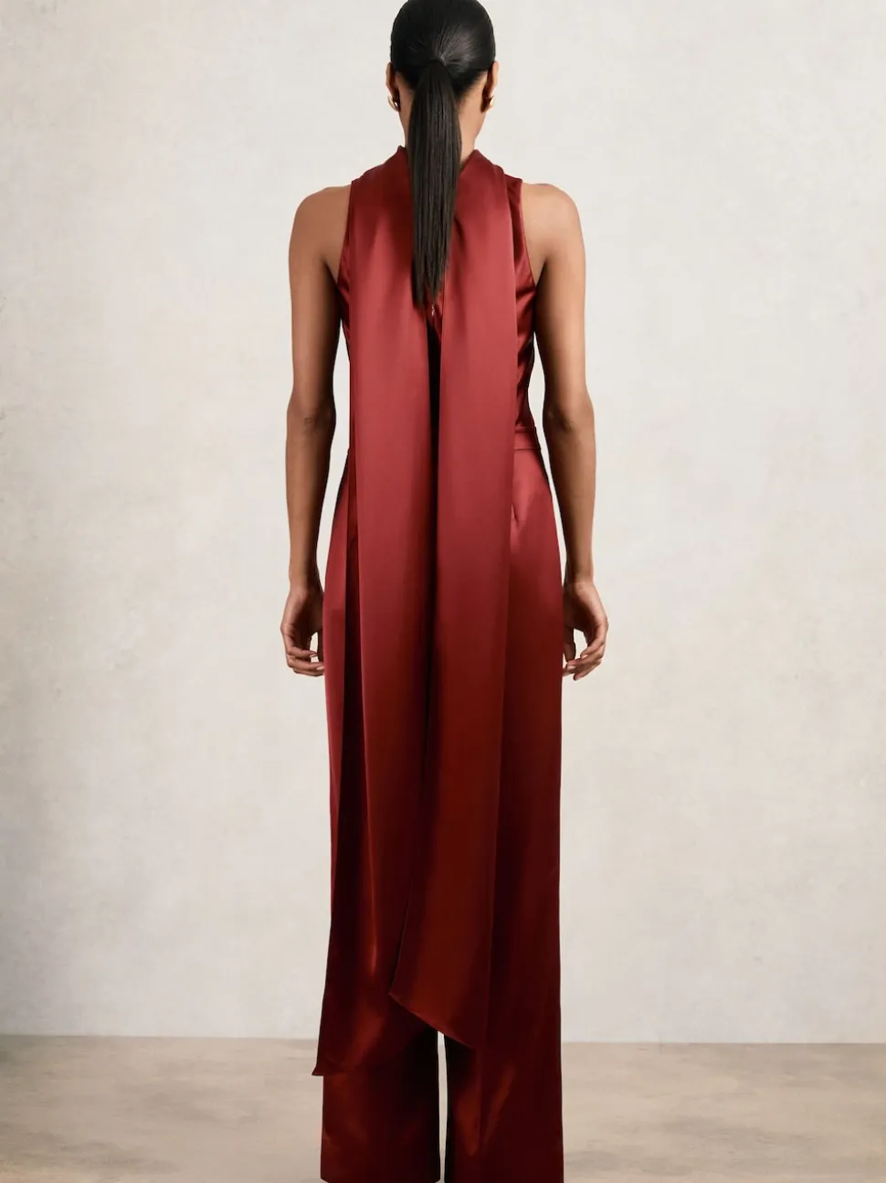Reiss Dark Red Farah Petite Satin Cape-Sash Jumpsuit
