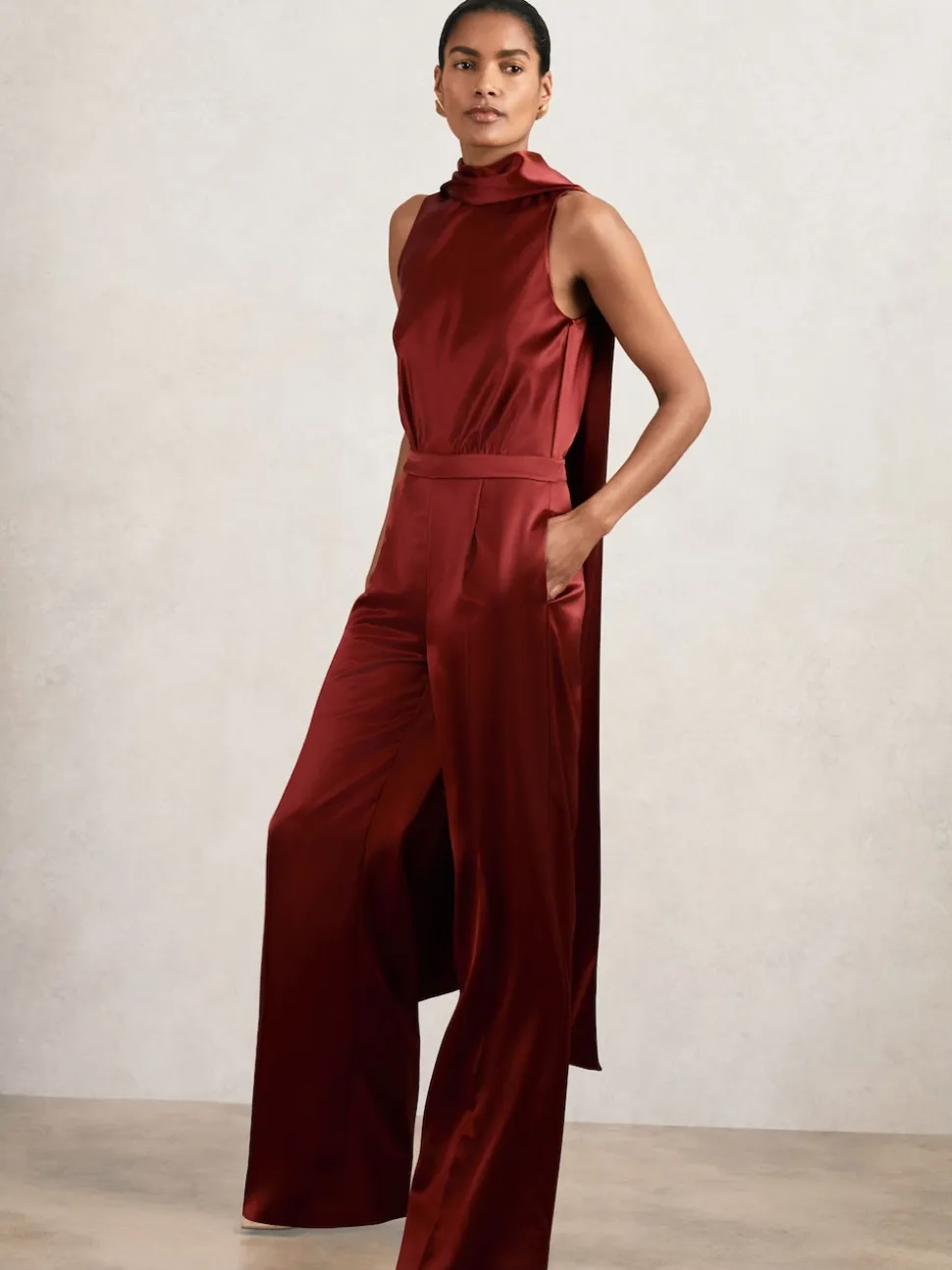 Reiss Dark Red Farah Satin Cape-Sash Jumpsuit