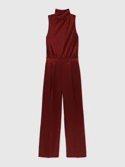 Reiss Dark Red Farah Satin Cape-Sash Jumpsuit