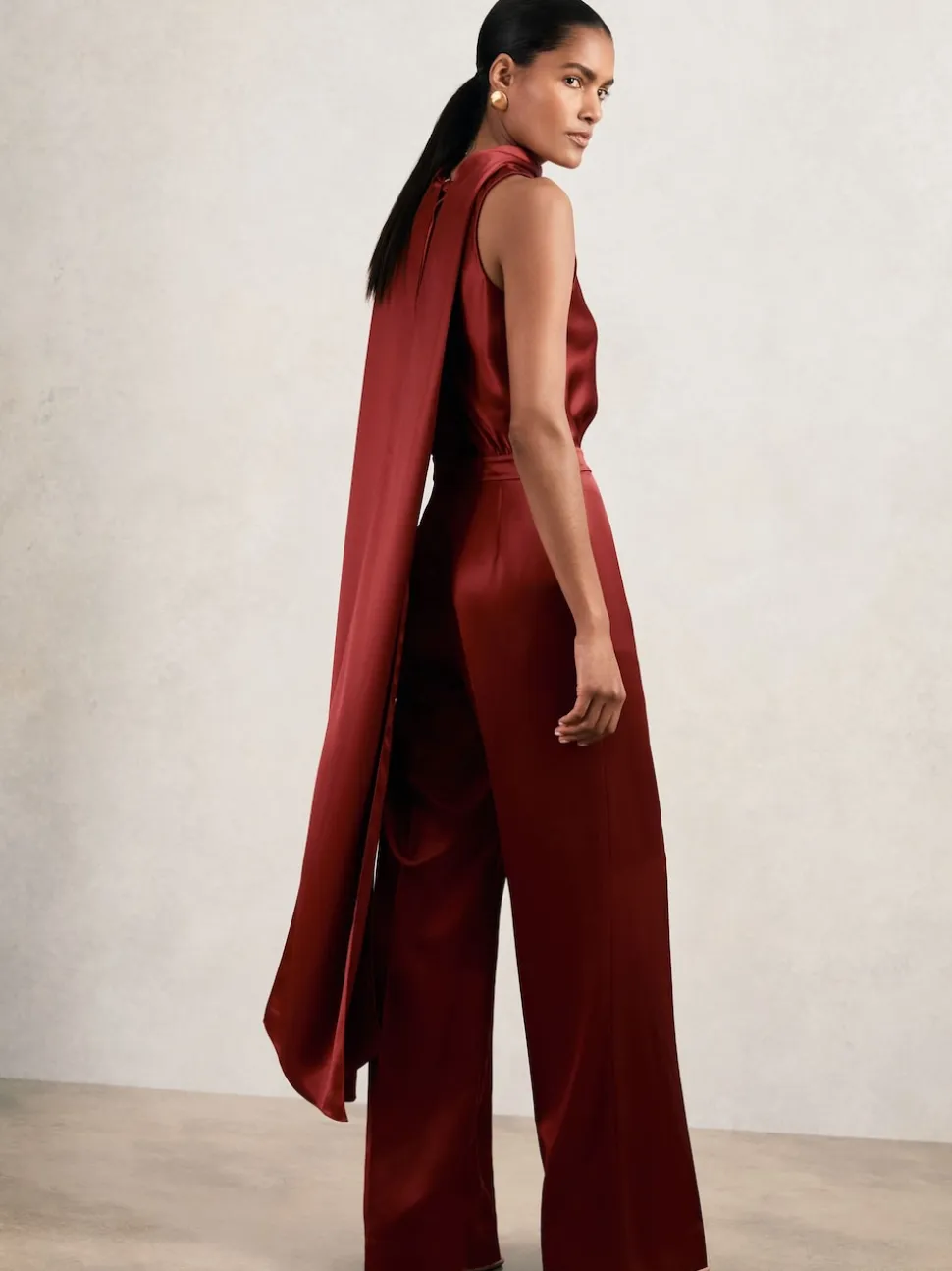 Reiss Dark Red Farah Satin Cape-Sash Jumpsuit