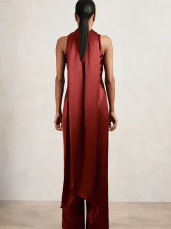 Reiss Dark Red Farah Satin Cape-Sash Jumpsuit