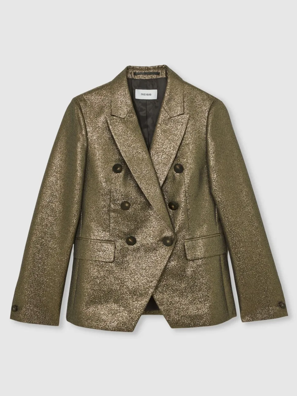 Reiss Gold Sienna Double-Breasted Metallic Suit Blazer with Cotton