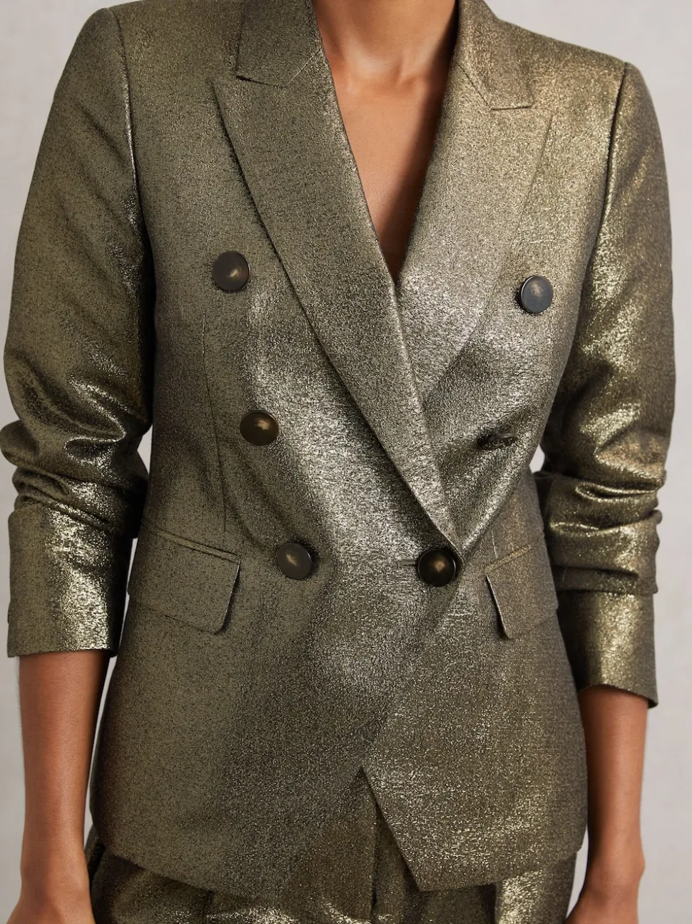 Reiss Gold Sienna Double-Breasted Metallic Suit Blazer with Cotton