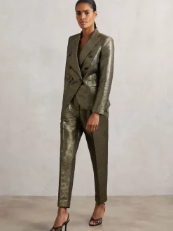 Reiss Gold Sienna Double-Breasted Metallic Suit Blazer with Cotton