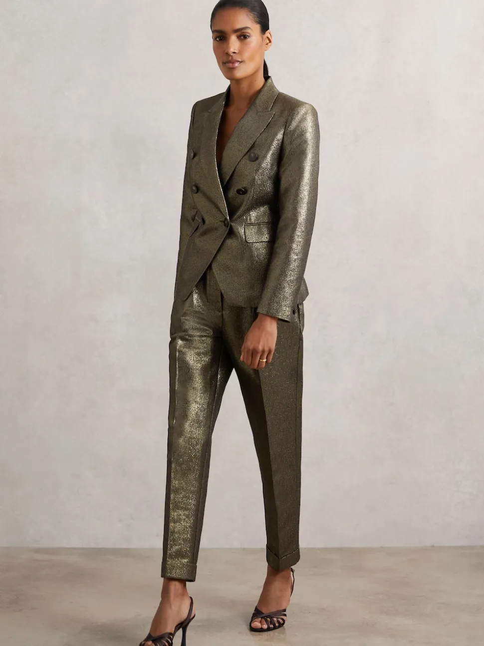 Reiss Gold Sienna Double-Breasted Metallic Suit Blazer with Cotton