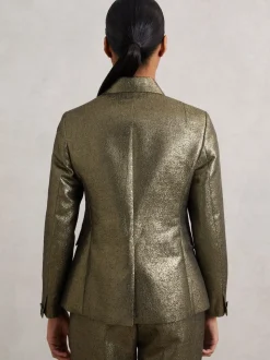 Reiss Gold Sienna Double-Breasted Metallic Suit Blazer with Cotton