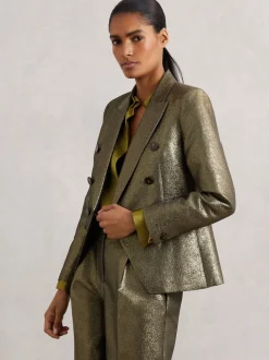 Reiss Gold Sienna Petite Double-Breasted Metallic Suit Blazer with Cotton