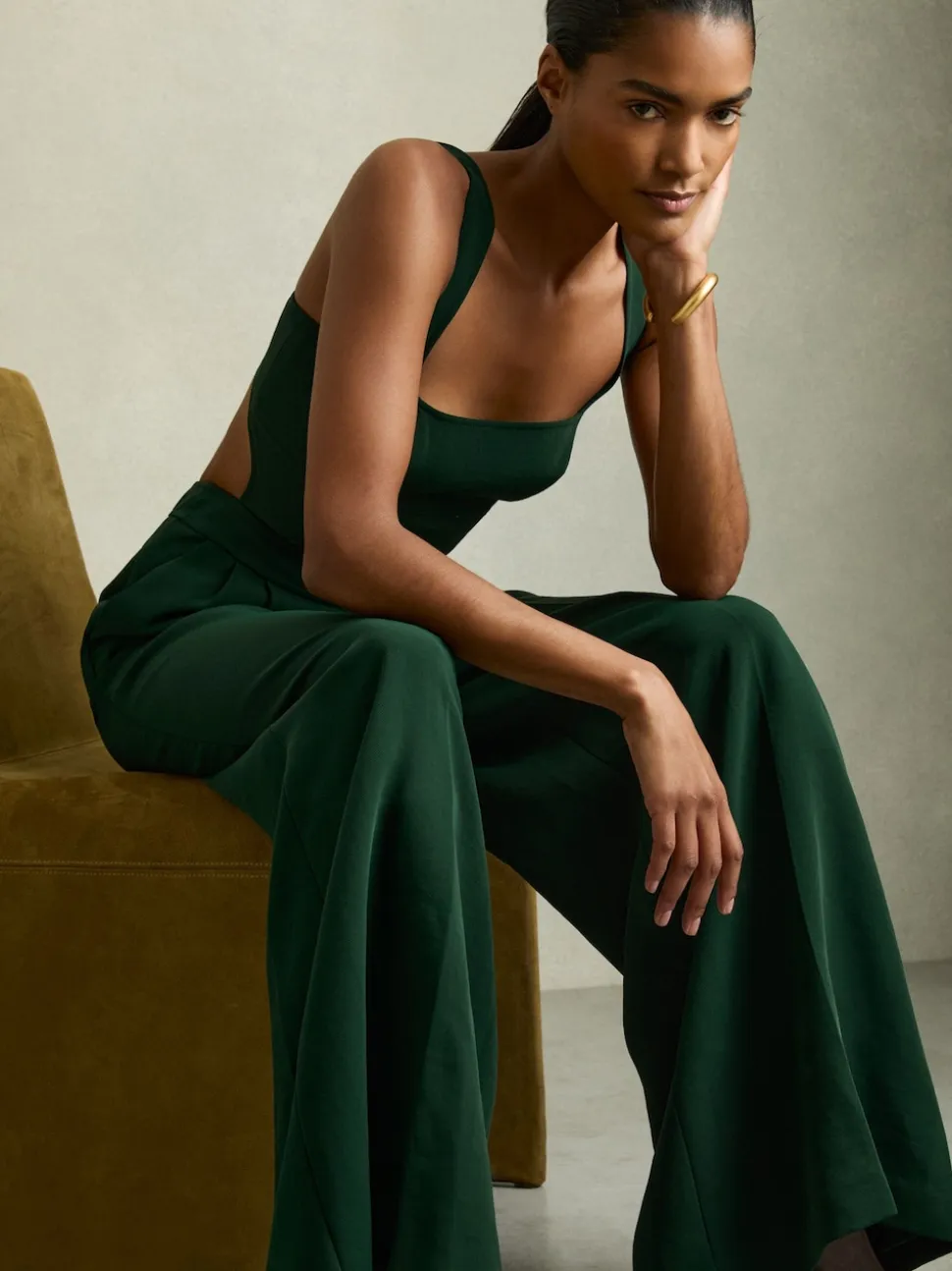 Reiss Green Dion Wide-Leg Cut-Out Jumpsuit