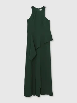 Reiss Green Gabriella Ruffled Slash-Detail Maxi Dress