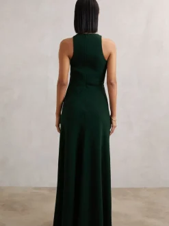 Reiss Green Gabriella Ruffled Slash-Detail Maxi Dress