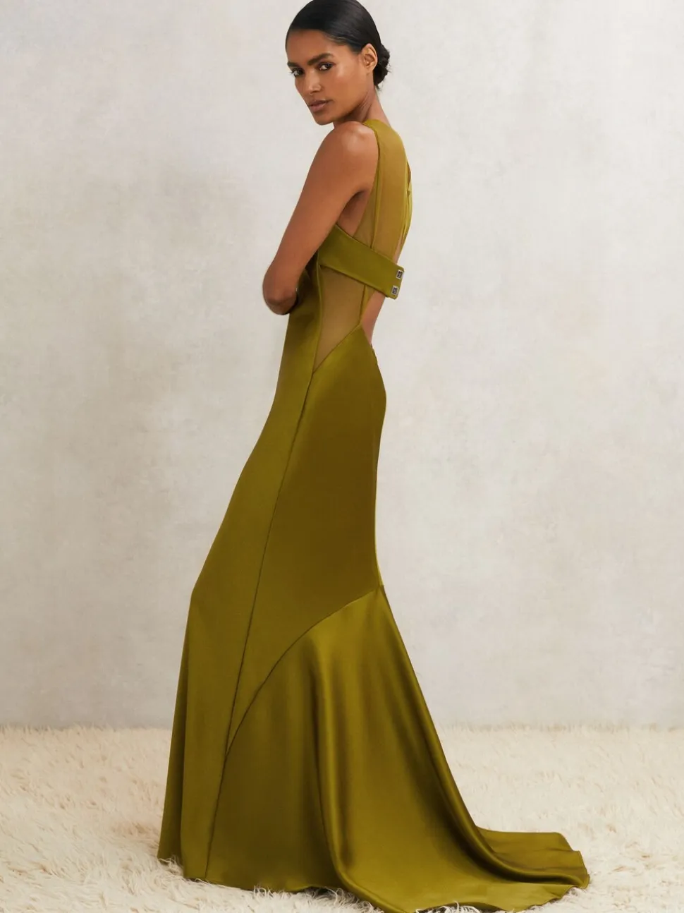 Reiss Green Opi Atelier Satin Sheer-Panel Maxi Dress
