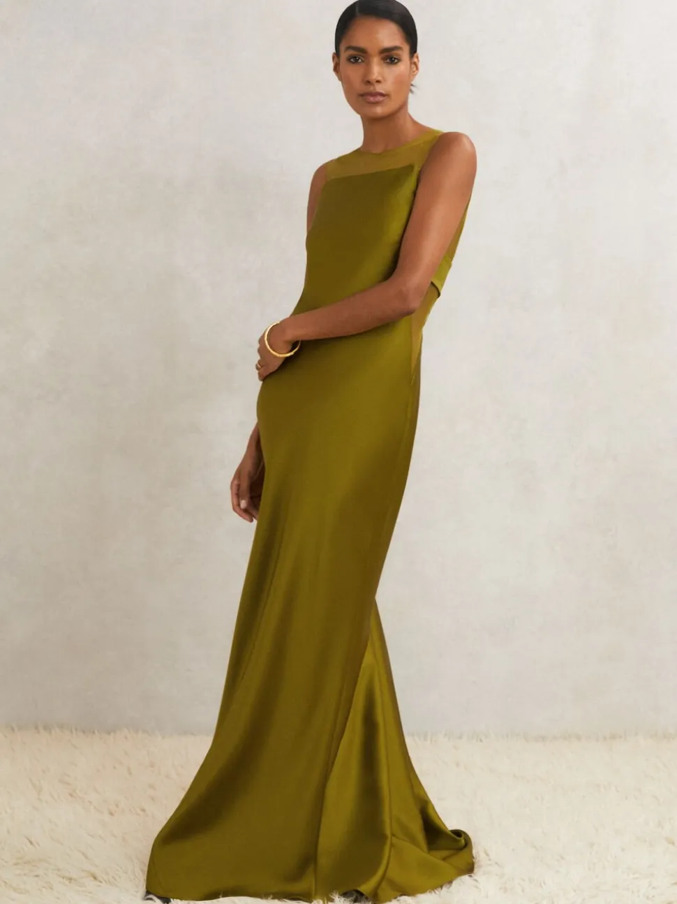 Reiss Green Opi Atelier Satin Sheer-Panel Maxi Dress