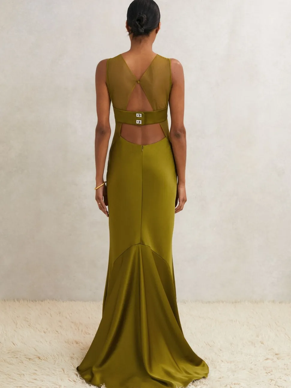 Reiss Green Opi Atelier Satin Sheer-Panel Maxi Dress
