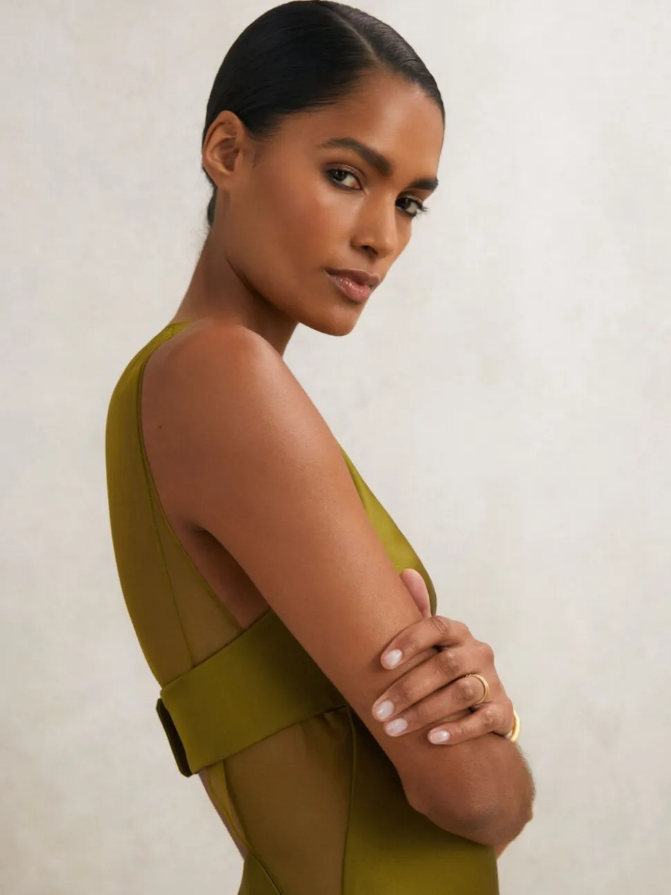 Reiss Green Opi Atelier Satin Sheer-Panel Maxi Dress