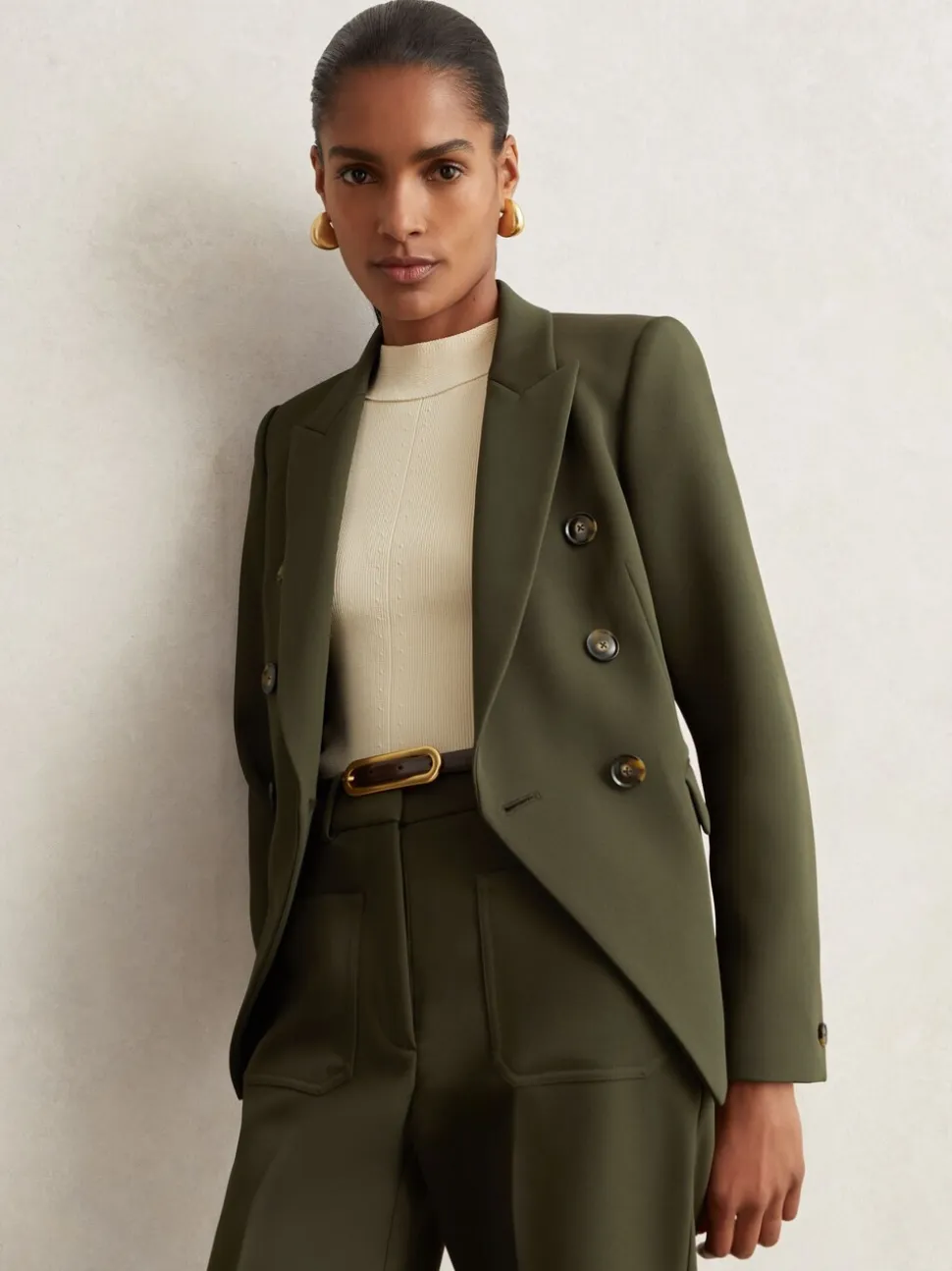 Reiss Green Priya Twill Double-Breasted Blazer
