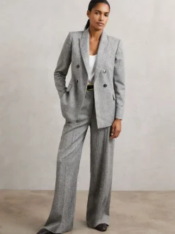 Reiss Grey Darlton Wide-Leg Textured Suit Trousers