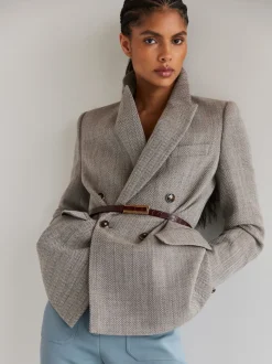 Reiss Grey Ember Herringbone Double-Breasted Blazer Wool-Cotton