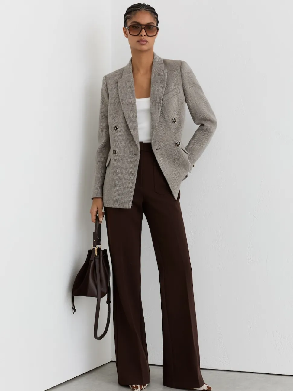 Reiss Grey Ember Petite Herringbone Double-Breasted Blazer Wool-Cotton