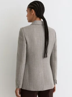 Reiss Grey Ember Petite Herringbone Double-Breasted Blazer Wool-Cotton