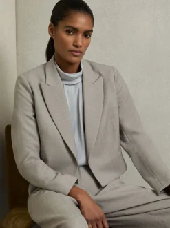 Reiss Grey Harper Double-Breasted Cropped Wool-Blend Blazer
